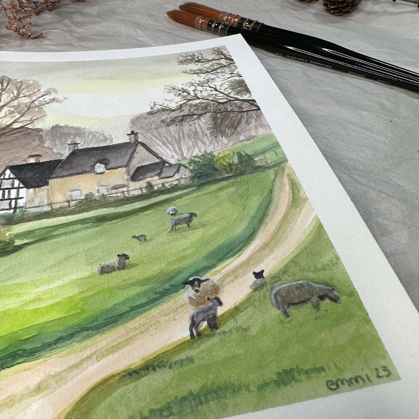 Original - After Work - Pasture with Sheep (23 x 16.8 cm)