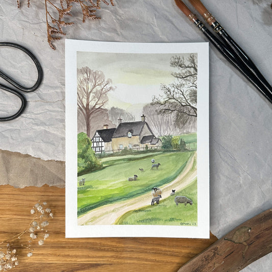 Original - Feierabend - Weide mit Schafen (23 x 16,8 cm)