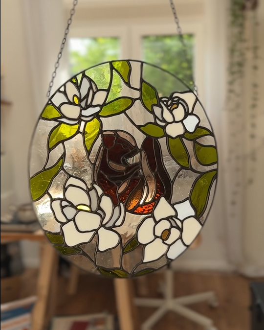 Original | Tiffany Fensterbild Eichhörnchen – Schlafend im Sonnenuntergang