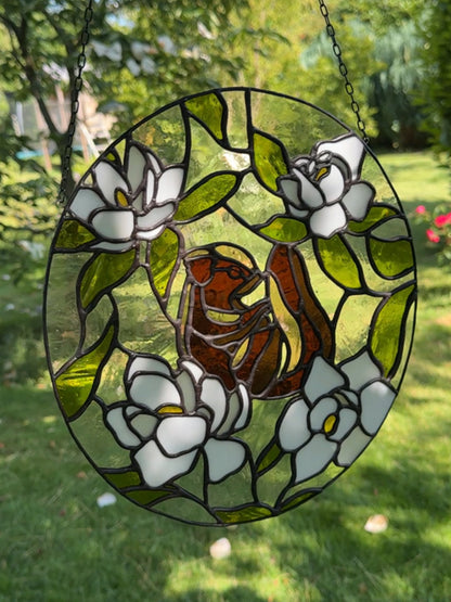 Original | Tiffany Fensterbild Eichhörnchen – Schlafend im Sonnenuntergang